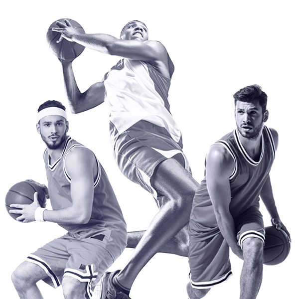 Three basketball players dribbling and shooting.